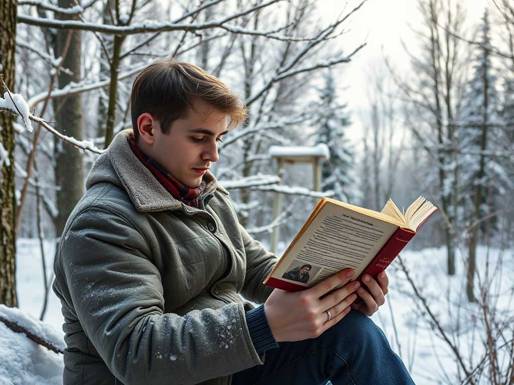 Молодой человек читает книгу на фоне зимнего леса, окружённого снегом и голыми деревьями.