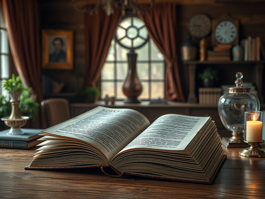 Открытая книга на деревянном столе в уютном кабинете с окнами, растениями и свечами. Вокруг атмосферные детали.